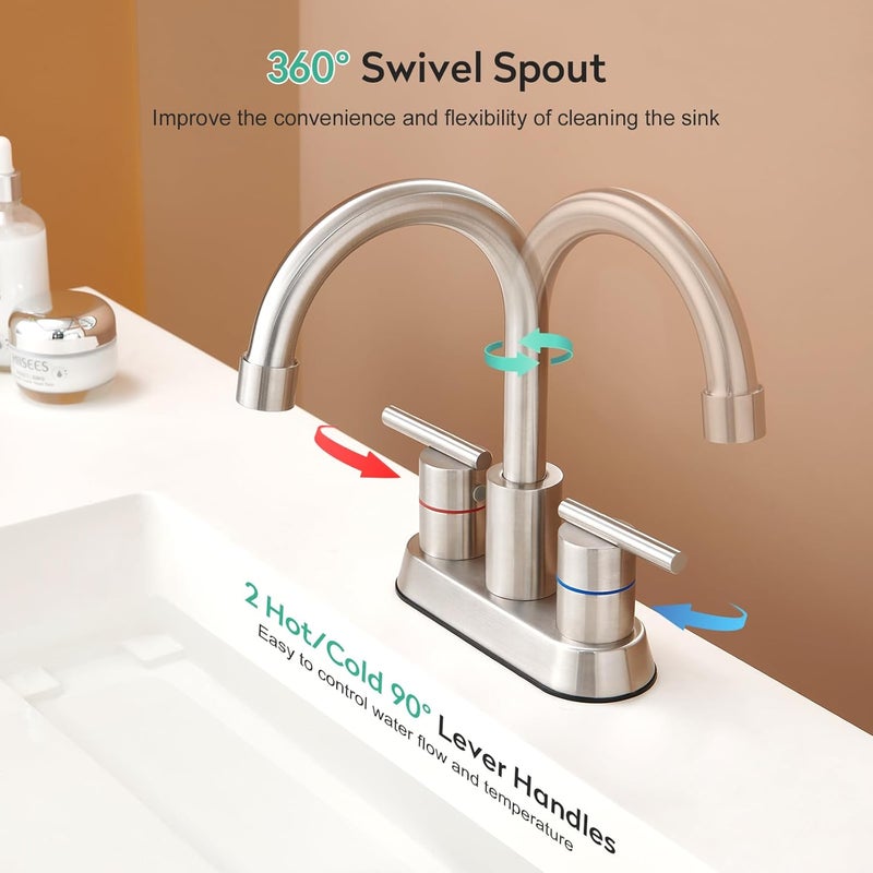 faustina Brushed Bathroom Faucet, 4 Inch Centerset Faucets for Sink 2 Holes 3 Holes，Two Handles 304 Stainless Steel Bathroom Sink Faucet with Pup up Drain and 2 cUPC Water Supply Lines for RV Vanity - Image 3